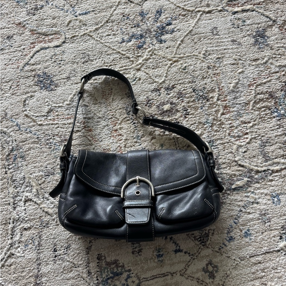 Coach Black Leather Shoulder Bag with Buckle Closure